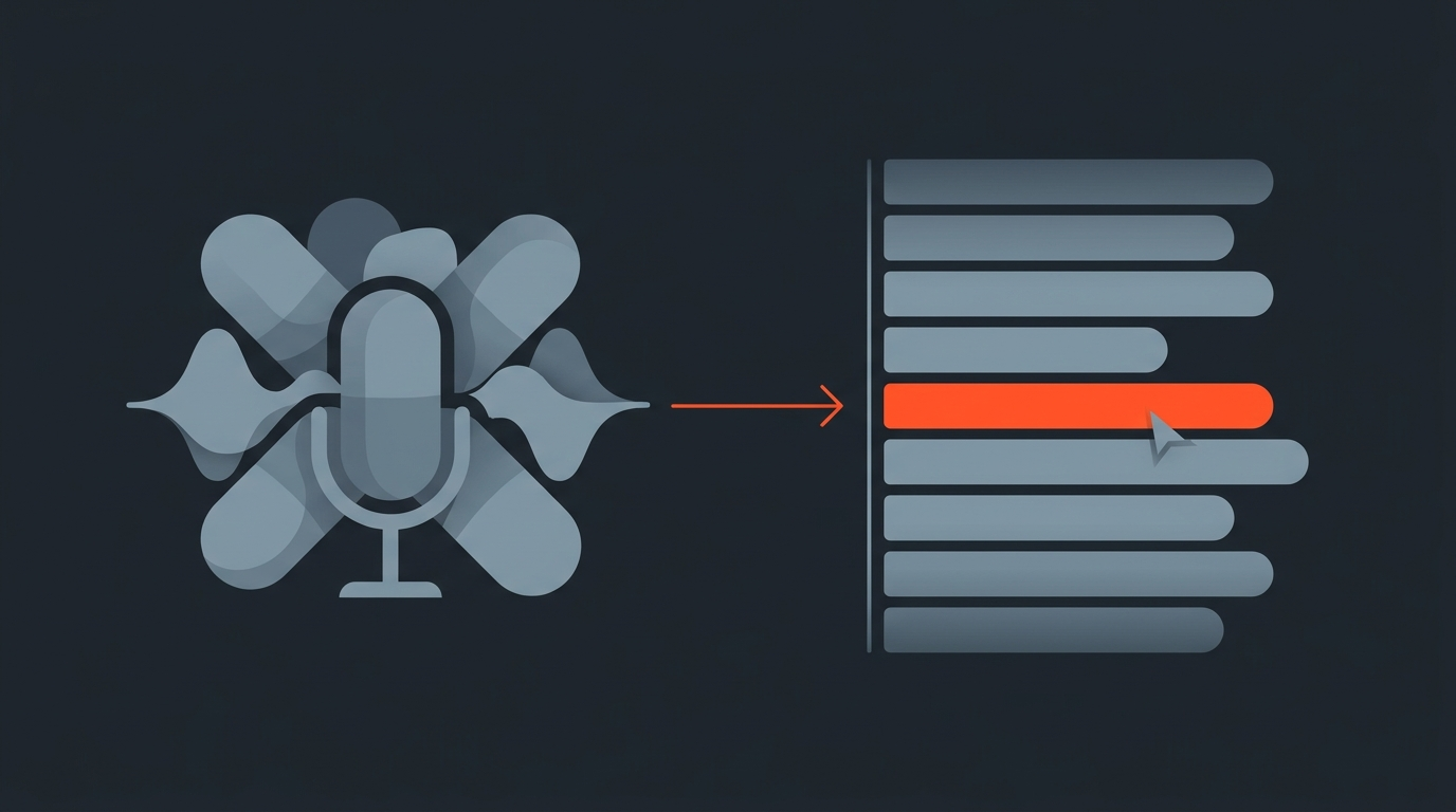 Abstract editorial illustration of a recording microphone shape connected by an orange line to a highlighted transcript timeline, representing the handoff from recording to editing