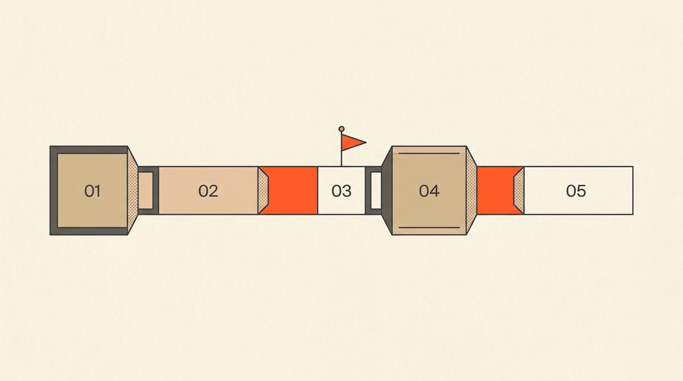 Flat editorial illustration of a video timeline broken into numbered geometric chapter-marker blocks with an orange flag marking a breakpoint