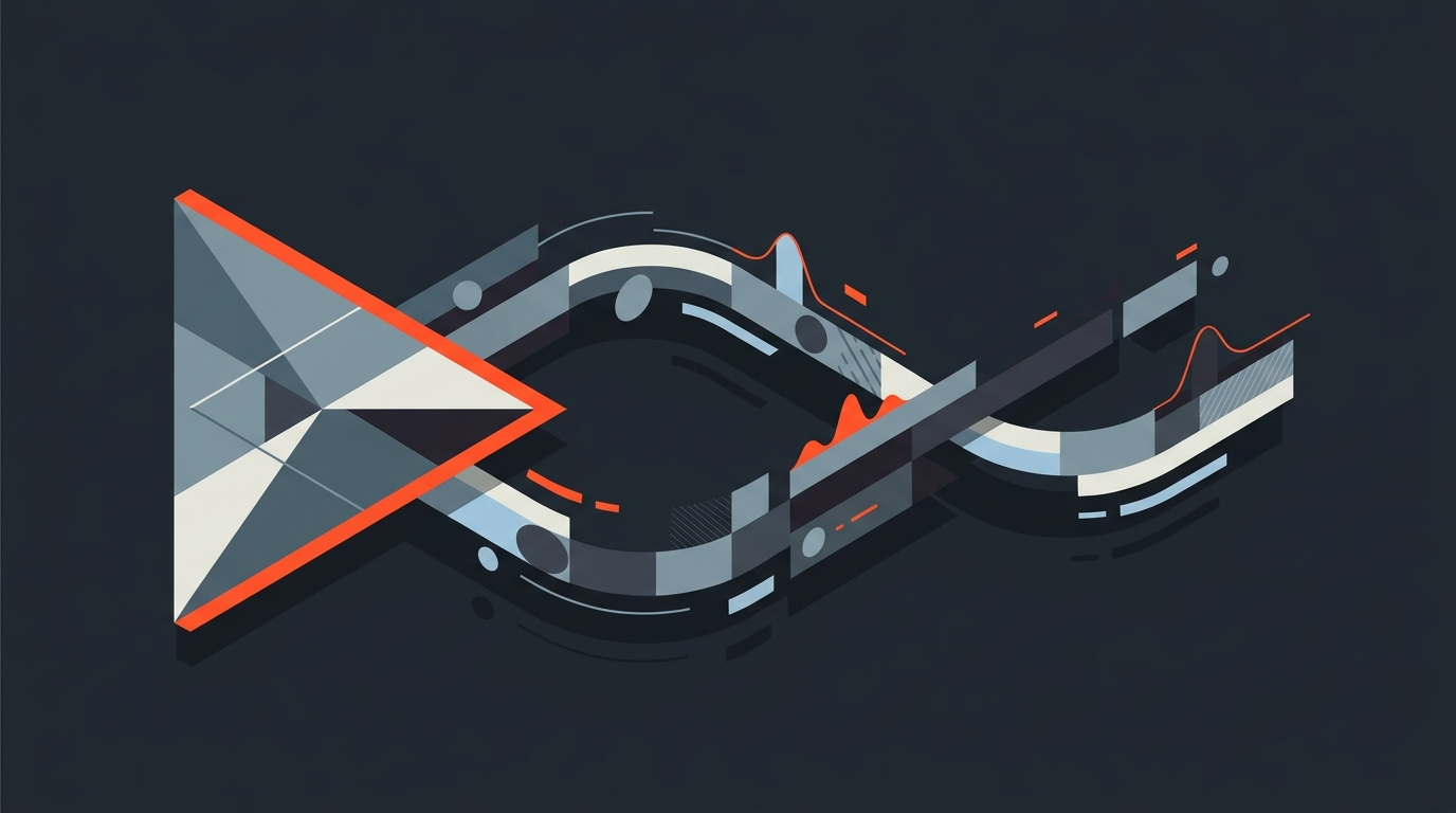 Abstract flat editorial illustration of a play-button triangle merging into a timeline waveform, dark grayblue background with a single orange accent
