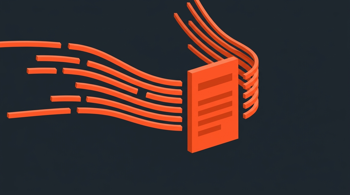 Flat editorial illustration of transcript text lines converging into a published news story document