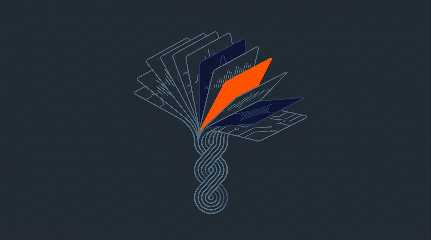 Editorial illustration of a waveform fanning into clip tiles, one highlighted in orange
