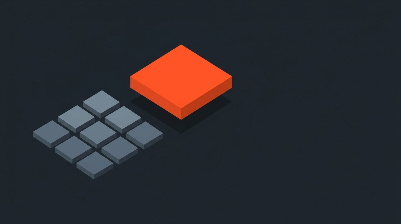 Geometric illustration of a video call grid with one tile highlighted in orange