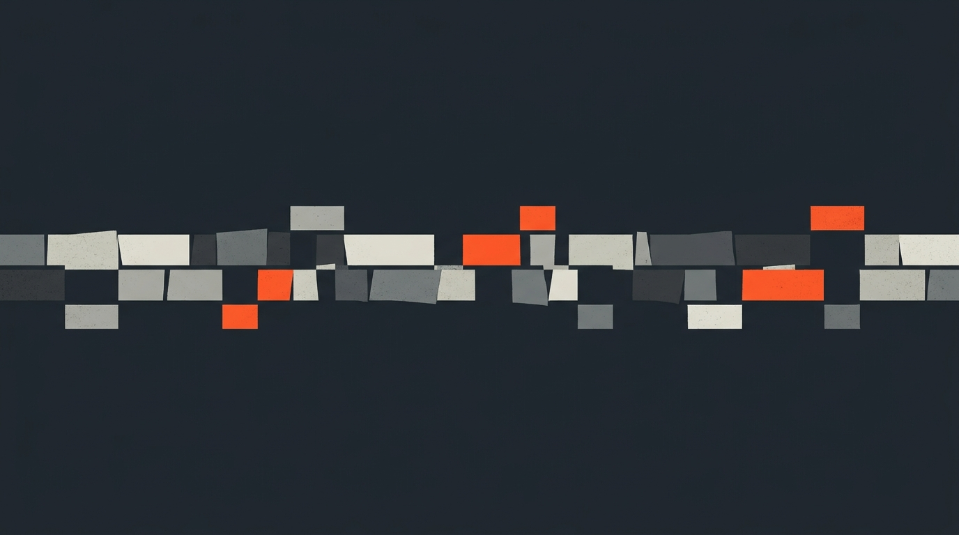 Abstract flat illustration of an unevenly placed timeline of blocks in dark grayblue and orange, representing a rough first assembly of a video edit