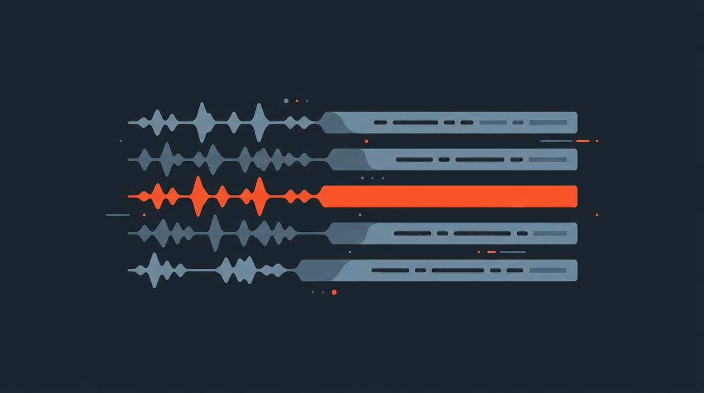 Editorial illustration of waveform bars turning into transcript lines, symbolizing video transcription software