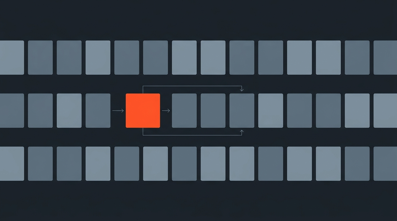 Editorial illustration of a repeating grid of episode cards with one highlighted in orange, symbolizing a podcast season template