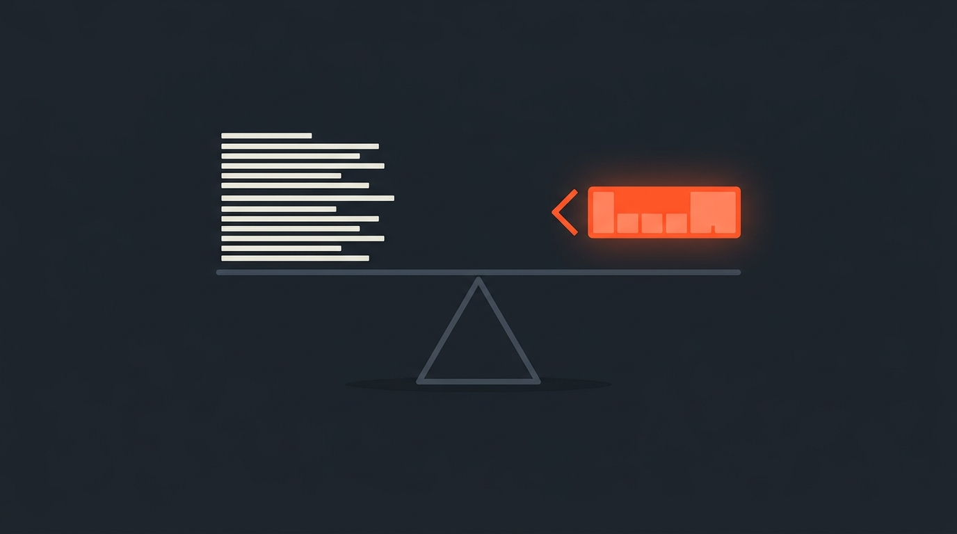 Editorial illustration of a balance scale made of transcript lines weighed against an orange timeline block, representing choosing between Descript and a transcript-first alternative