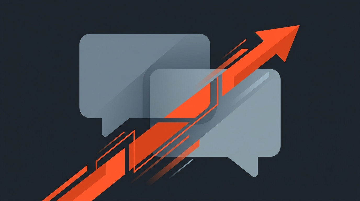 Editorial illustration of two speech-bubble shapes cut through by a fast-forward arrow, symbolizing faster interview editing