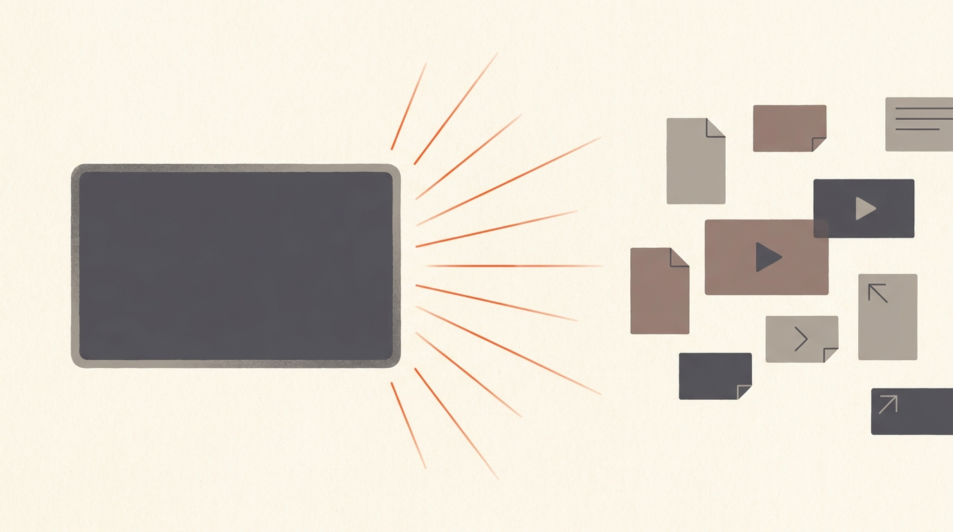 Editorial illustration of one large screen shape branching into smaller clip shapes, symbolizing repurposing a webinar