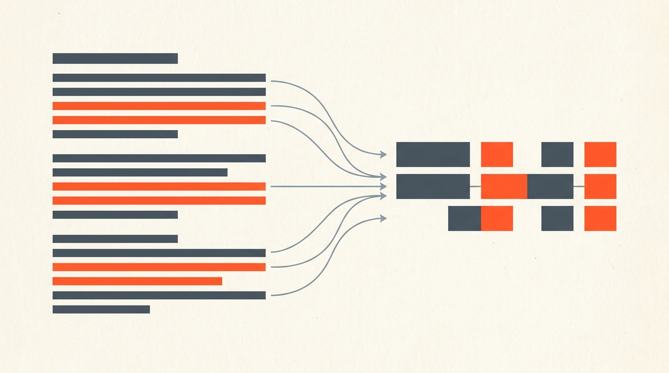 Editorial illustration of stacked transcript text bars turning into aligned timeline blocks