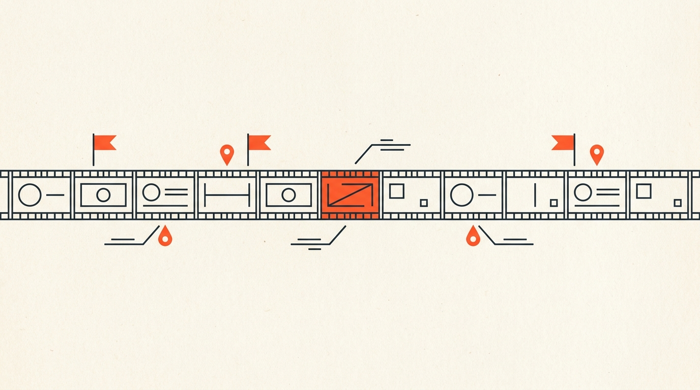 Editorial illustration of a filmstrip with frames tagged by small orange flag markers