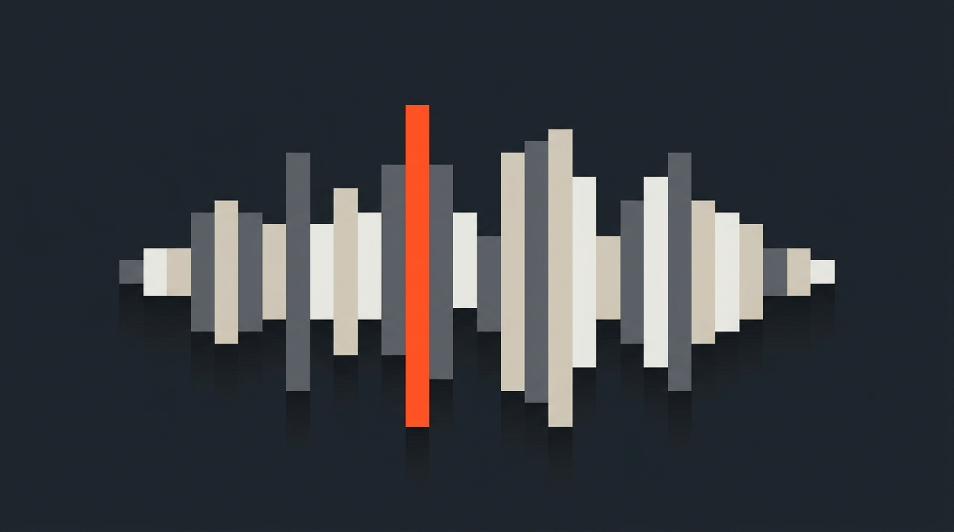 Abstract geometric waveform illustration made of orange and gray bar shapes representing an audio-first radio cut edit