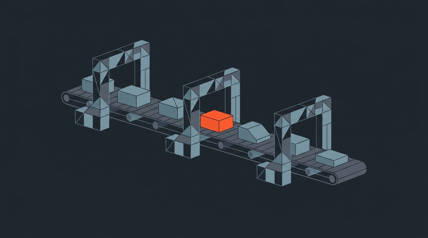 Isometric editorial illustration of a pipeline of blocks passing through checkpoints, symbolizing an agency editing workflow