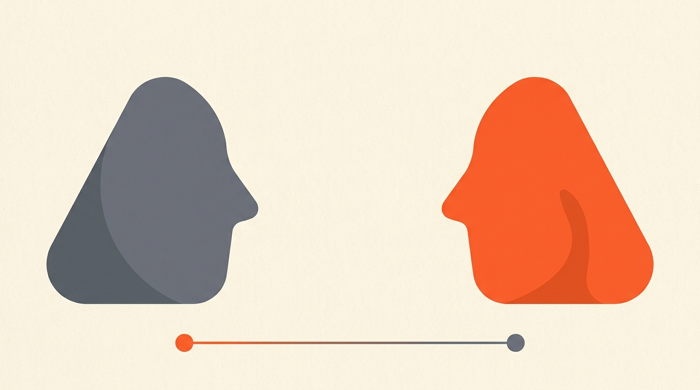 Editorial illustration of two abstract facing profile shapes, one orange, symbolizing a reaction shot