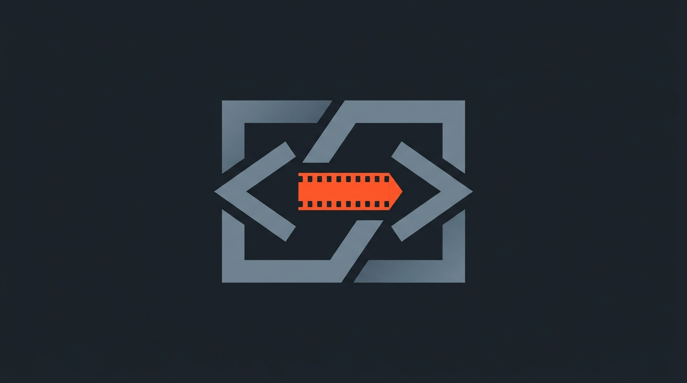 Editorial illustration of interlocking bracket shapes around a filmstrip bar, symbolizing FCPXML interchange format
