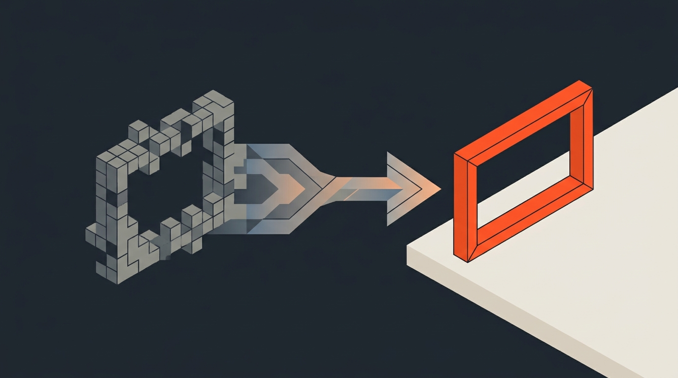 Editorial illustration of a blocky low-resolution video frame transforming into a sharp high-resolution orange frame, representing the offline-to-online proxy editing conform