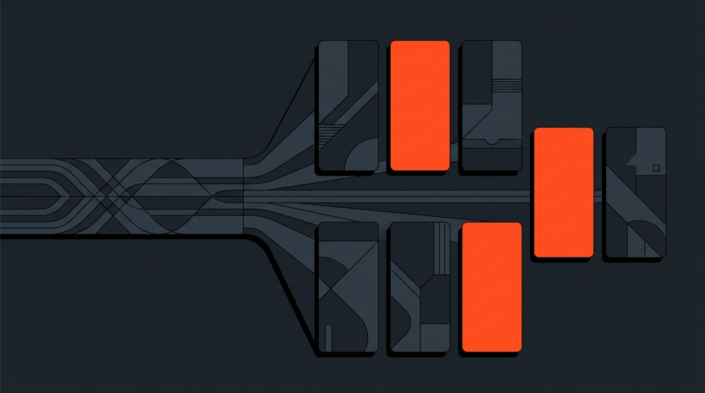 Editorial illustration of a waveform splitting into tall vertical clip tiles