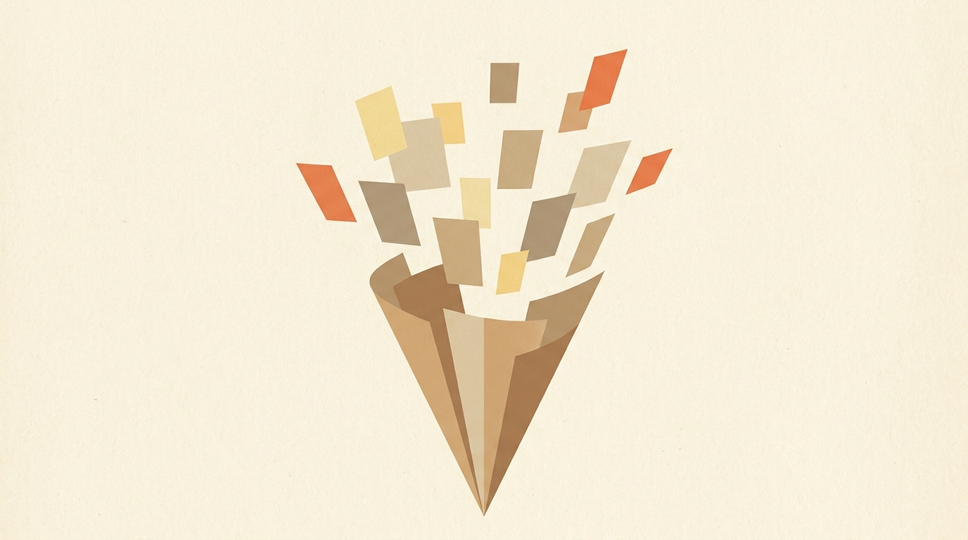 Editorial illustration of an abstract podium spotlight cone fanning out into several small rectangular clip shapes, symbolizing one conference talk becoming many pieces of content