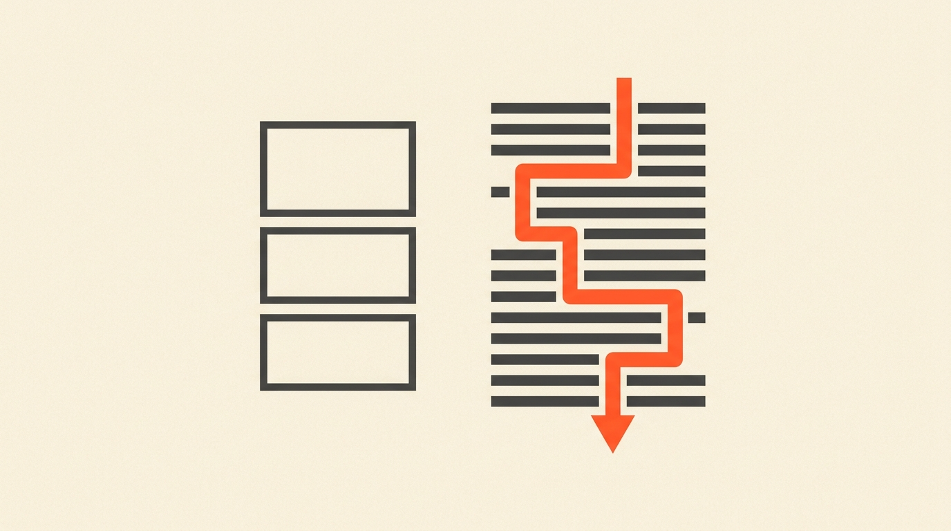 Geometric illustration of empty storyboard frames next to text lines connected by an orange path
