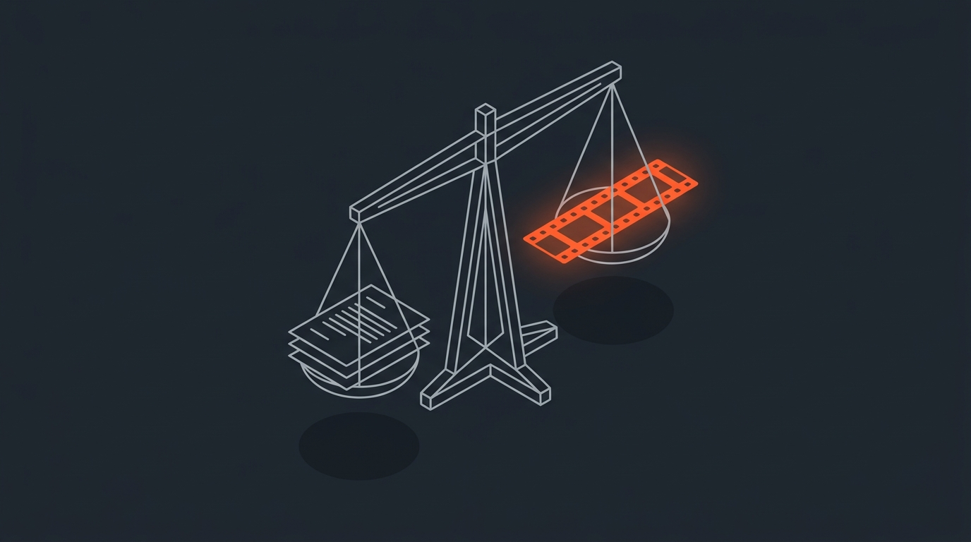 Editorial illustration of a balance scale weighing a transcript against a timeline, representing the Sonix alternative comparison