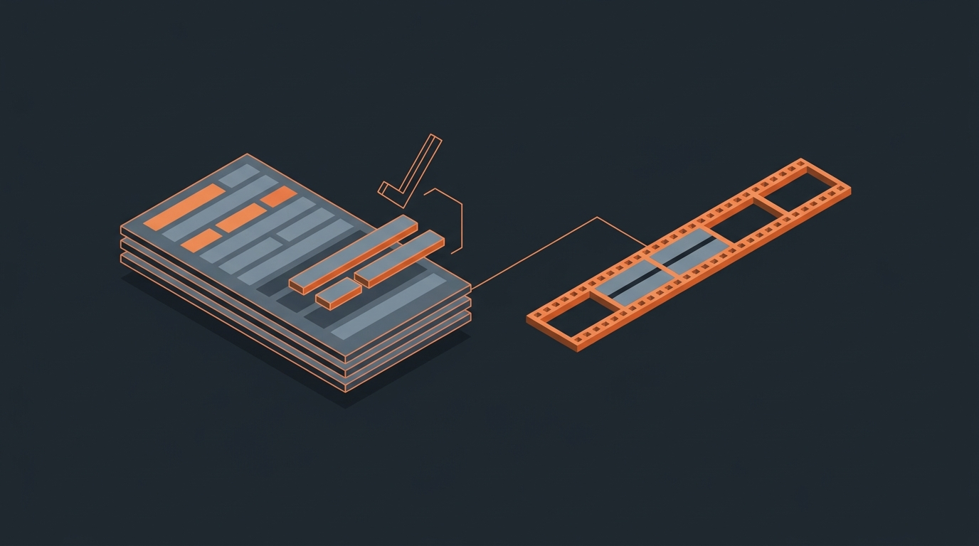 Editorial illustration of a transcript document flowing into a selects checkmark and then into a timeline, representing the interview editing chain