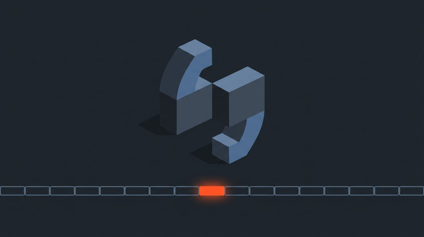 Abstract orange-highlighted timeline segment beside a geometric quotation mark, representing finding the one believable line in testimonial footage