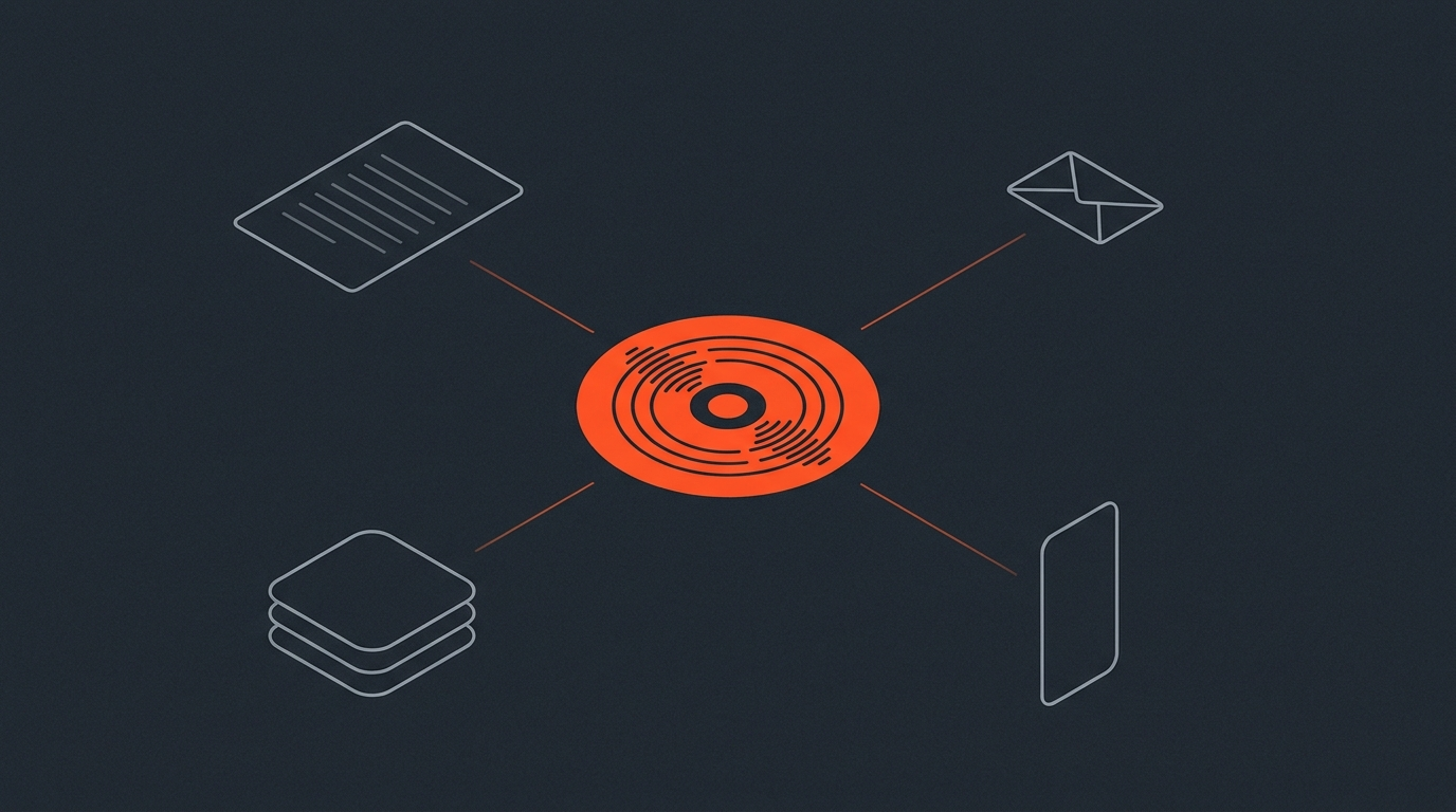 Flat editorial illustration of one central orange recording icon radiating into four different content format shapes: a document, an envelope, a carousel stack, and a video clip