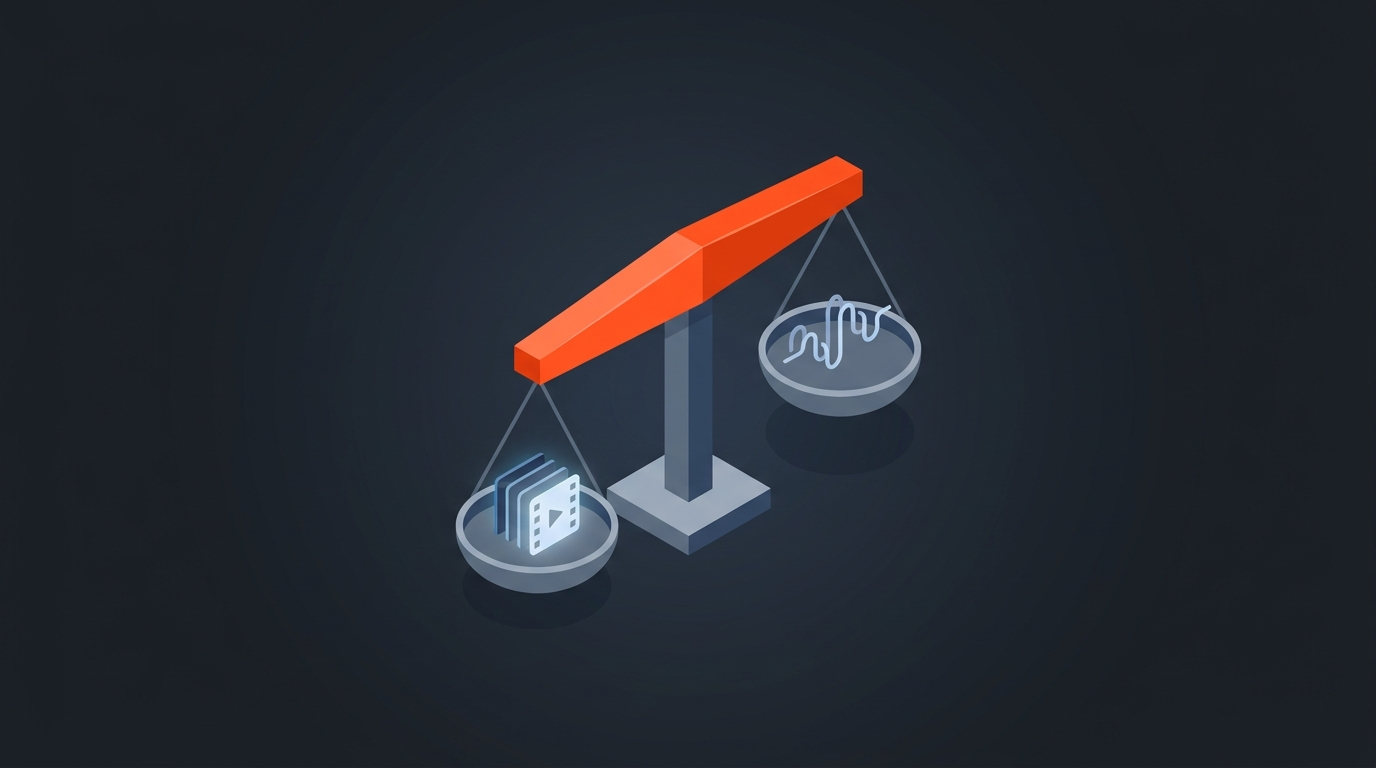 Flat editorial illustration of two balanced scale pans holding a clip stack and a waveform