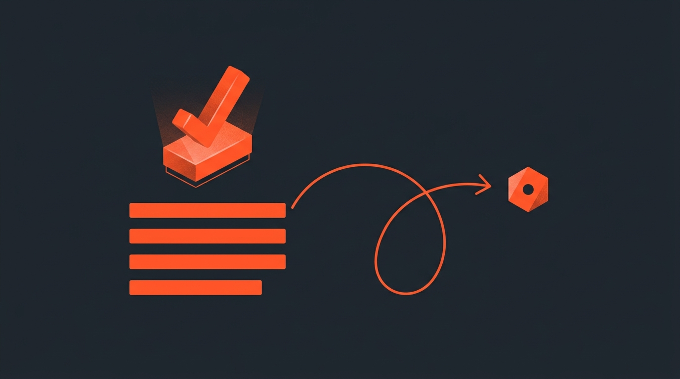 Illustration of an approval stamp over selected transcript lines linking to a stakeholder icon
