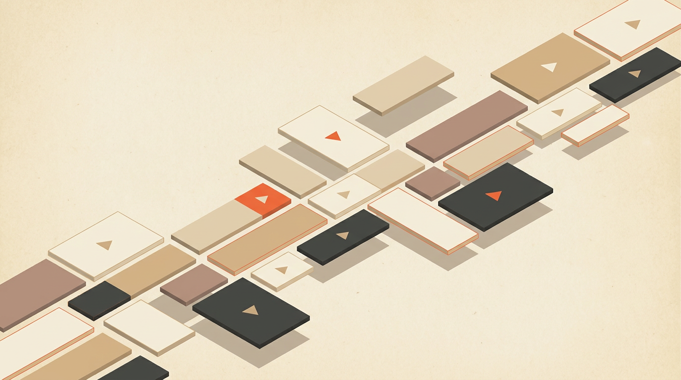 Isometric grid of video thumbnail tiles in warm neutral tones with orange play-button accents, representing a YouTube content library