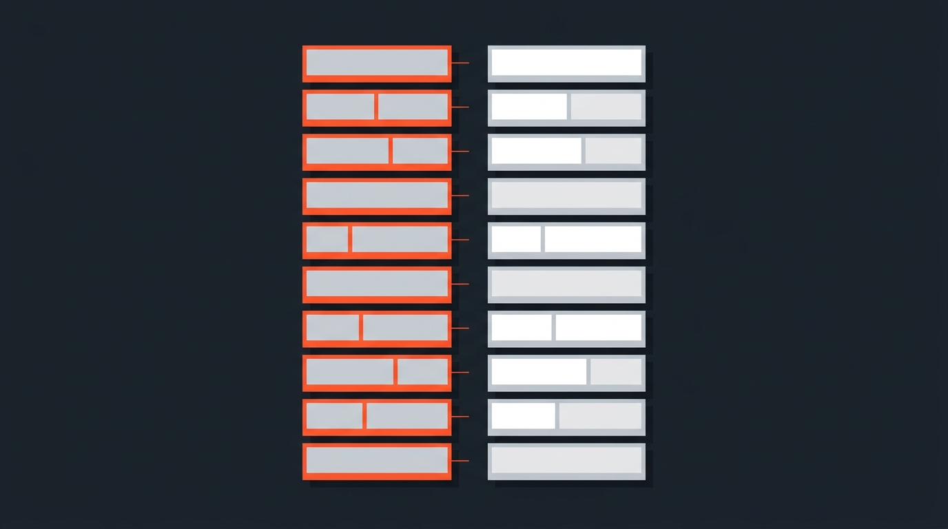 Flat editorial illustration of two parallel columns of geometric blocks representing a two-column script layout