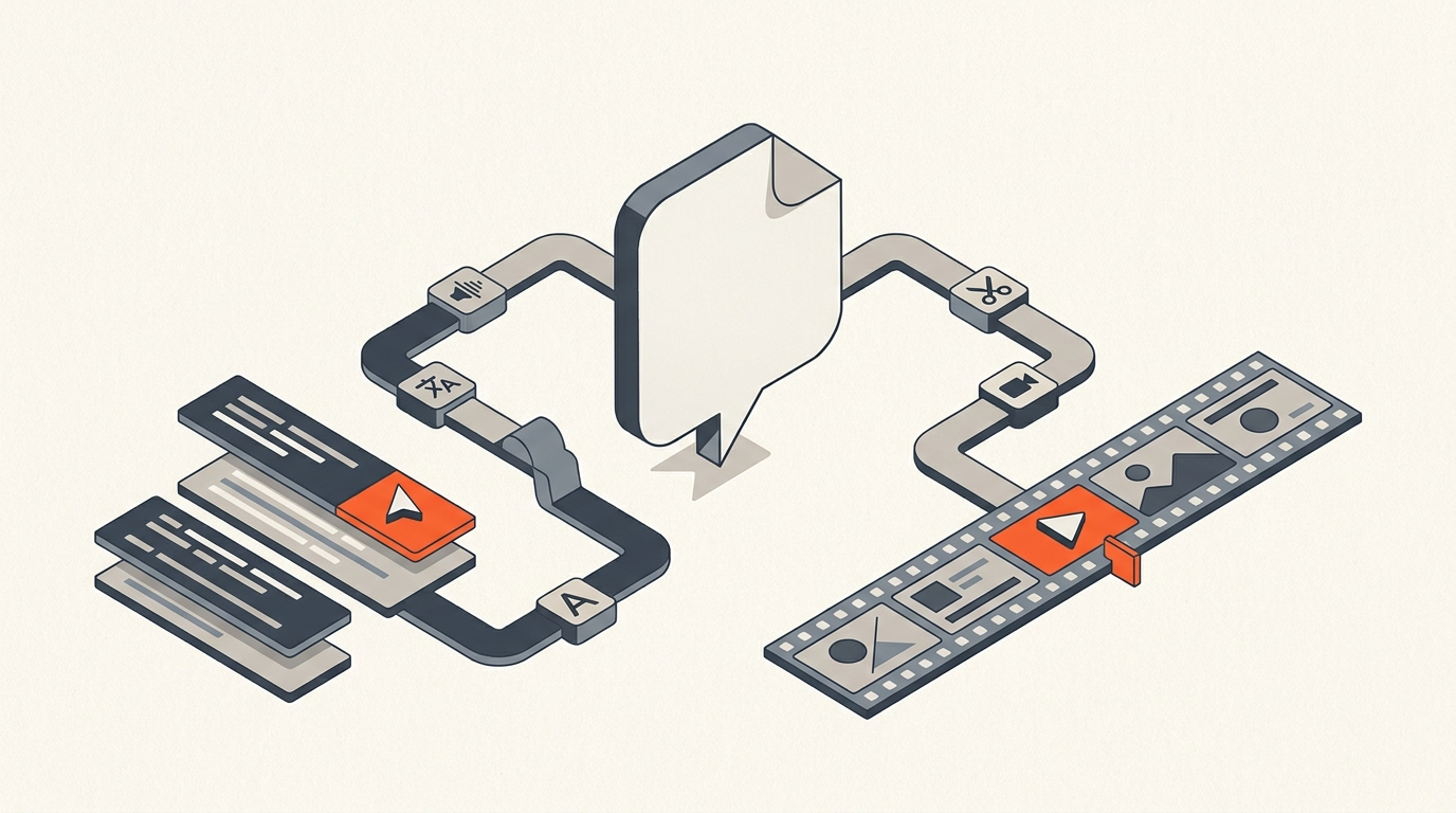 Editorial illustration of a document splitting into a subtitle path and a video timeline path, representing transcription versus video pre-editing