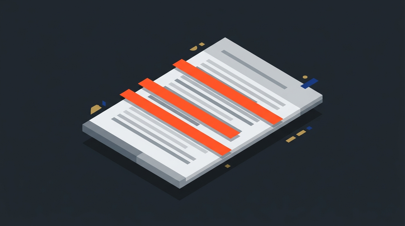 Abstract editorial illustration of a highlighted transcript page representing a paper edit