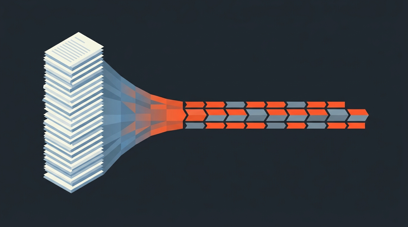 Geometric illustration of transcript pages transforming into an orange-segmented timeline