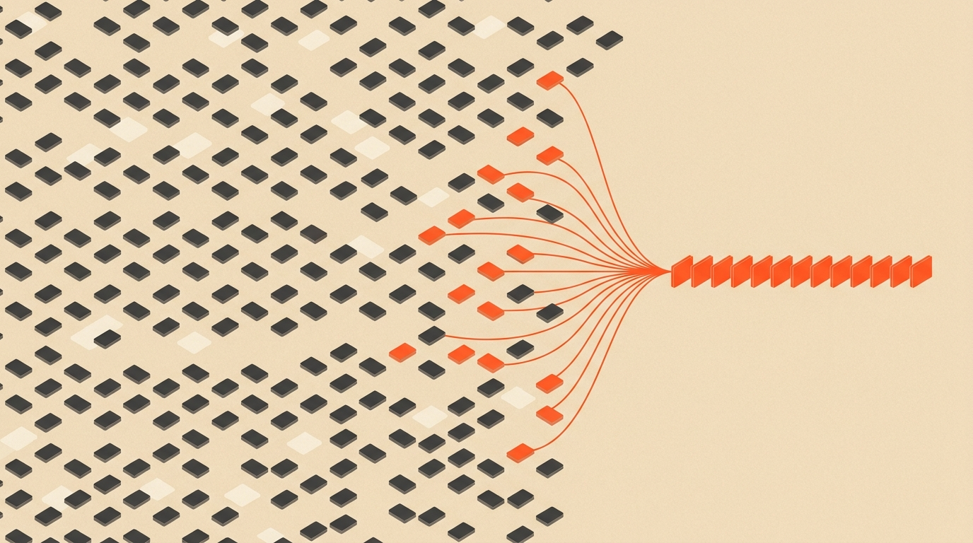 A scattered grid of clip cards with a handful highlighted in orange pulled into a single aligned row