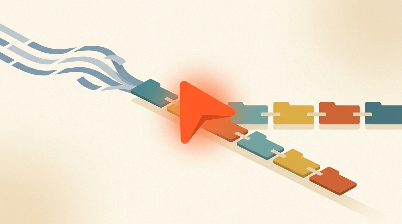 Flat editorial illustration of text lines transforming into a video timeline of clip blocks