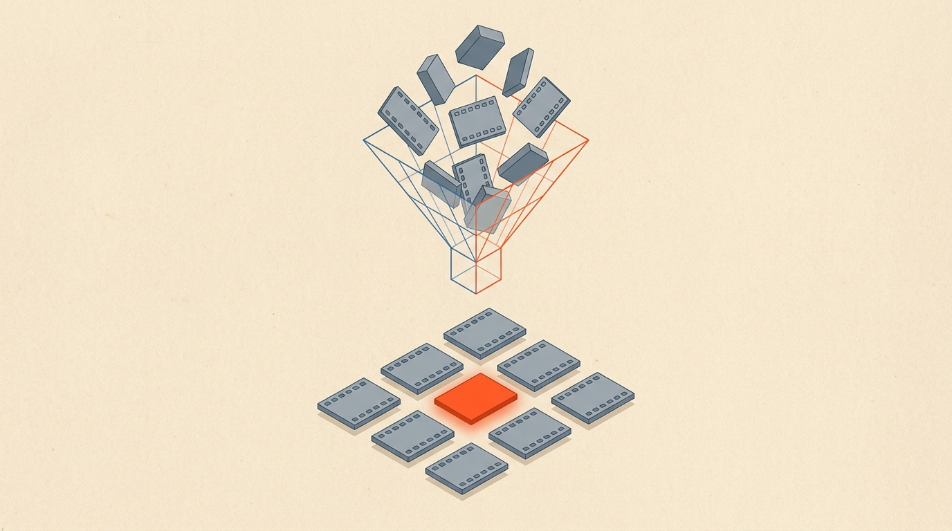 Scattered footage clips funneling into an organized grid with one orange clip highlighted, representing sorting interview footage into selects