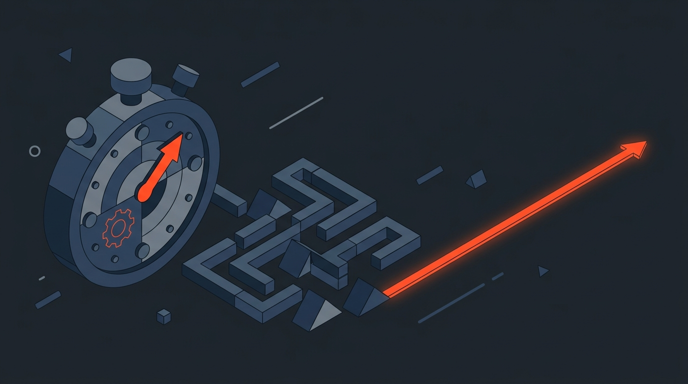 A geometric stopwatch beside a tangled maze path straightening into a clean direct line