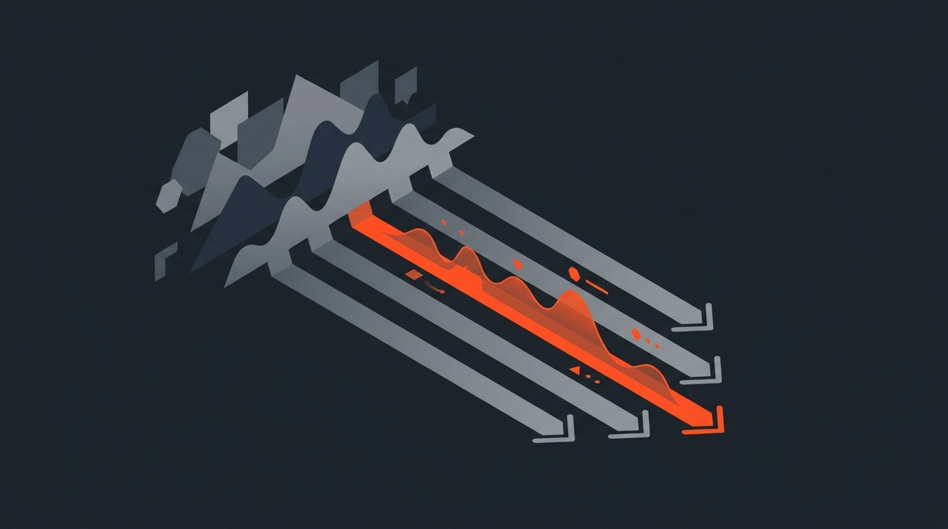 Overlapping soundwave shapes separating into distinct parallel lanes, one lane highlighted in orange