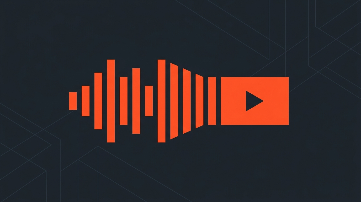 Editorial illustration of an orange soundwave transforming into a video play button, representing turning a podcast into a YouTube video