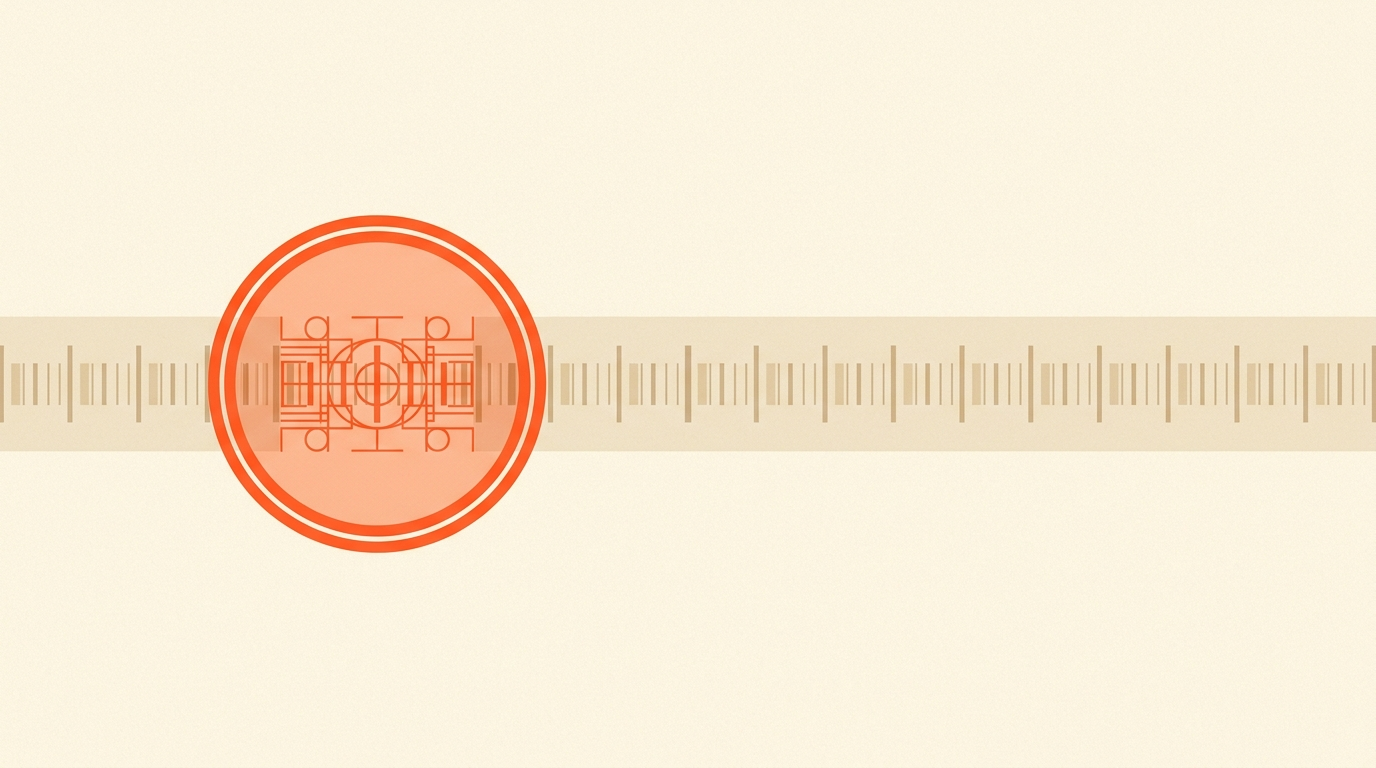 Geometric illustration of a timeline with an orange magnifying lens over precise tick marks