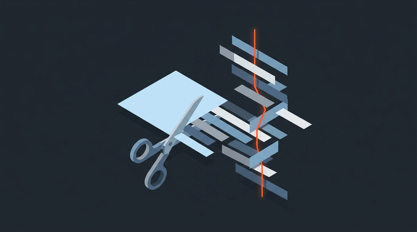 Editorial illustration of a sheet of paper being cut into strips by scissors and rearranged into a new order, connected by a single orange thread, symbolizing the paper cut and paper edit process