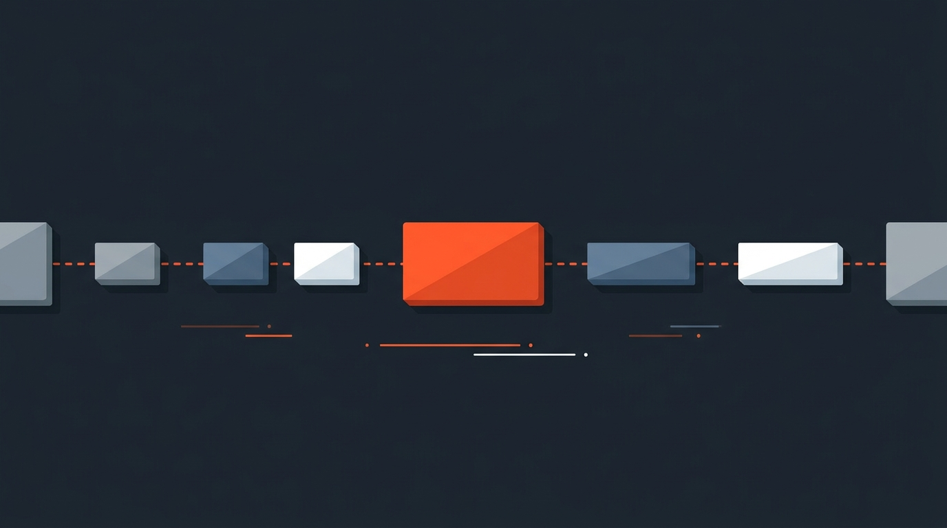Flat editorial illustration of clip select blocks strung together in a row, one highlighted in orange, representing a video editing stringout