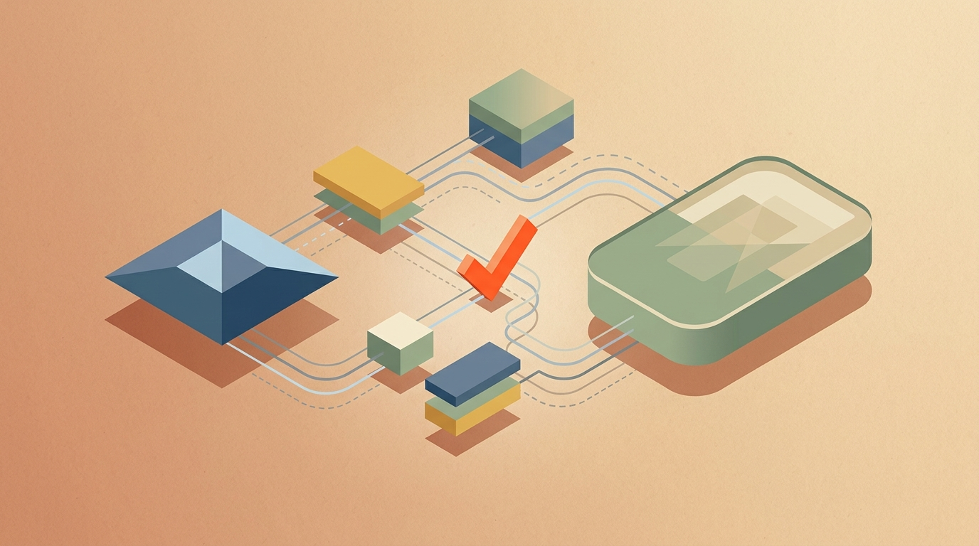 Editorial illustration of an abstract workflow diagram with a decision node flowing into a finishing stage, marked by a single orange checkmark accent, symbolizing separating video selection from editing