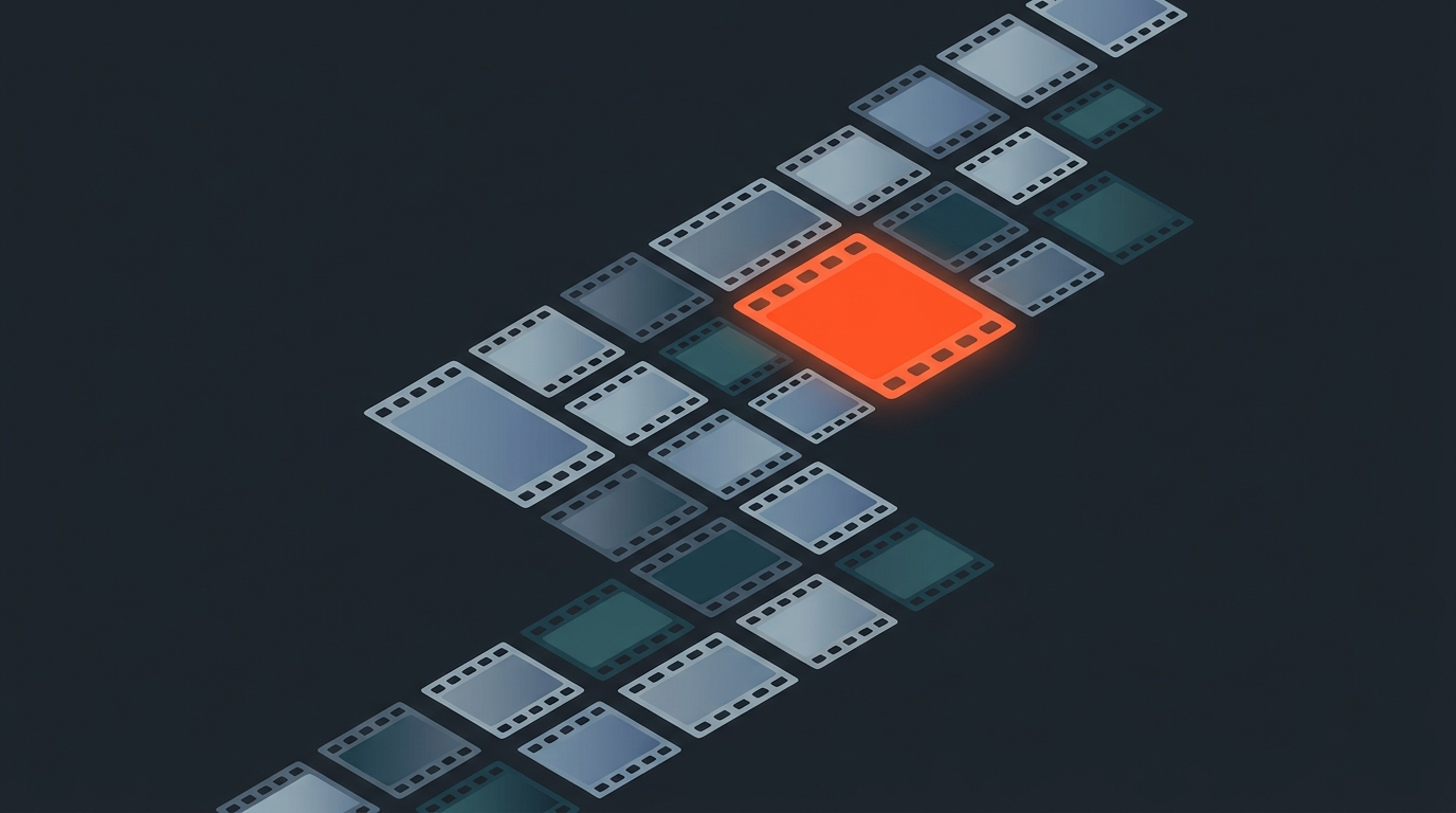 Flat editorial illustration of small film frames arranged in an ascending rhythmic pattern