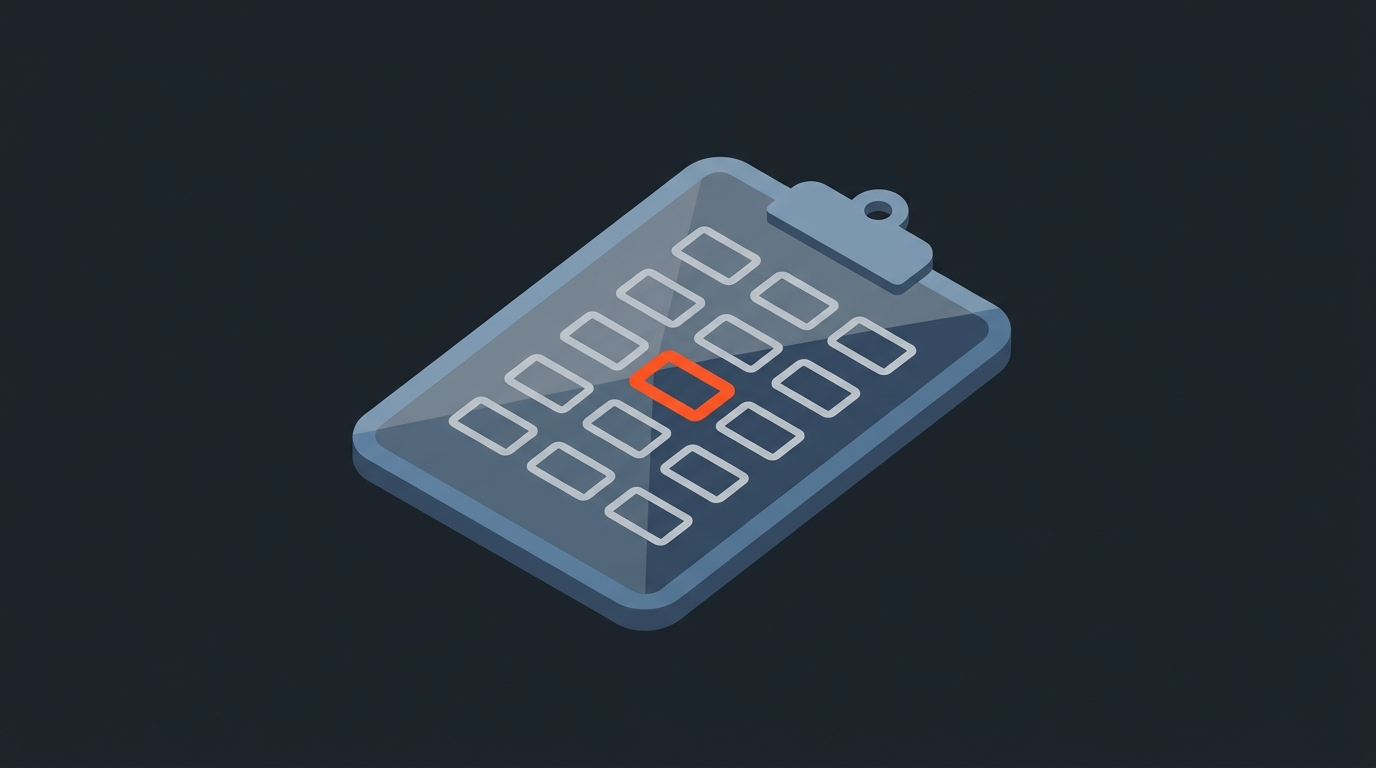 Geometric illustration of a clipboard holding a grid of numbered frame icons, one highlighted in orange