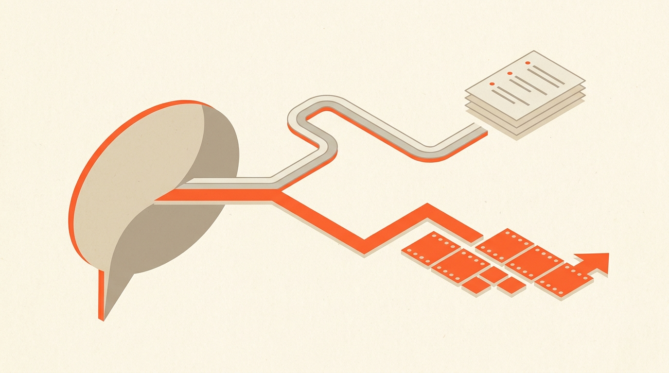 Flat editorial illustration of a speech bubble splitting into a notes path and a film-timeline path, symbolizing meeting notes versus video editing transcripts