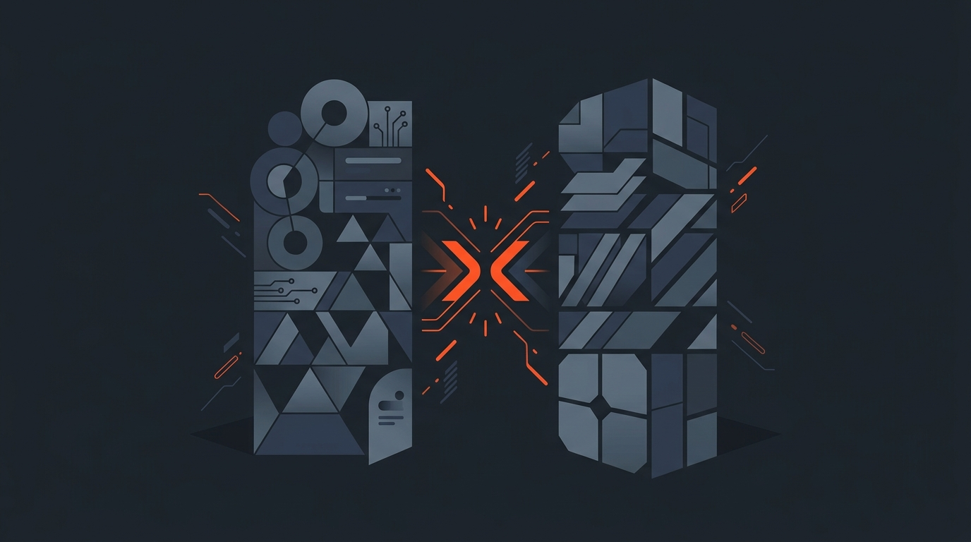 Two abstract geometric panels facing each other in a versus composition, representing Premiere Pro and Final Cut Pro side by side