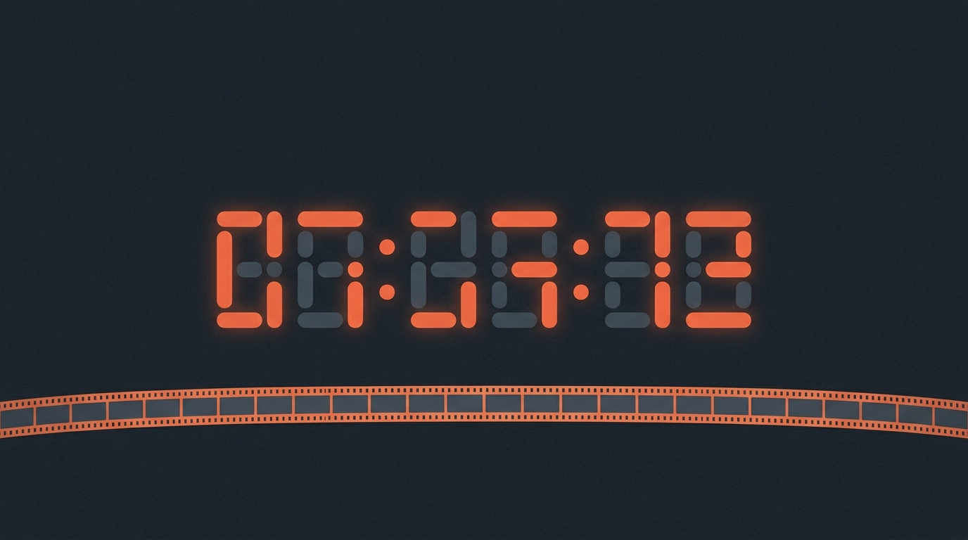 Abstract geometric illustration of a timecode counter above a curved filmstrip, representing frame-accurate video editing