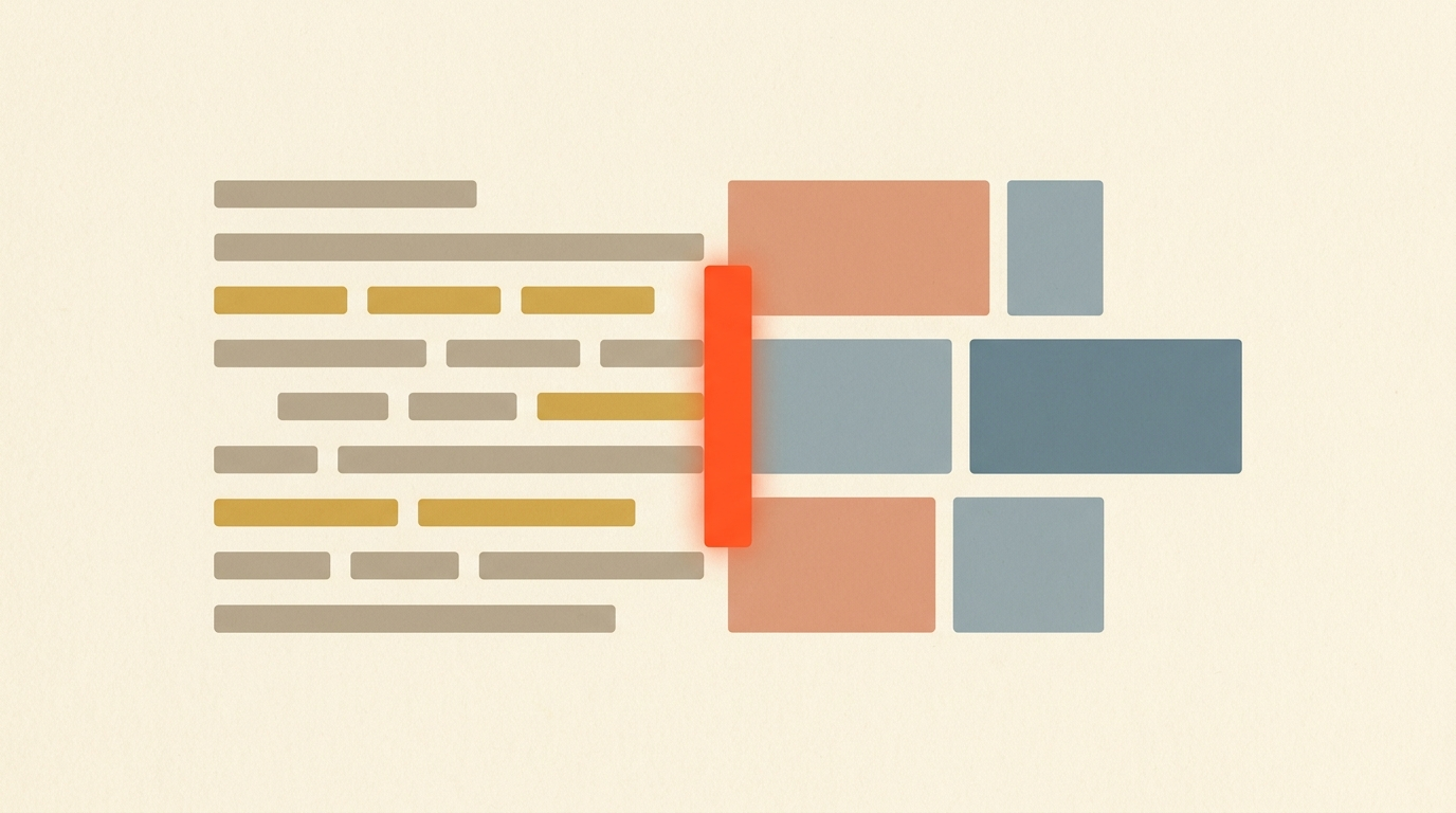 Geometric illustration of text lines transforming into video clip blocks around an orange cursor