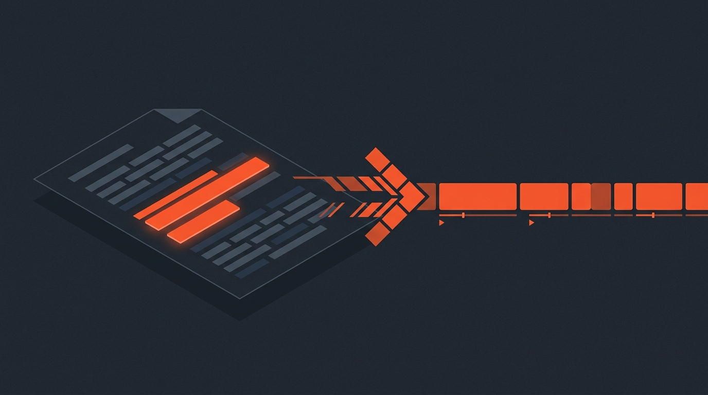 Editorial illustration of a highlighted transcript page transforming into a video timeline, representing a paper edit